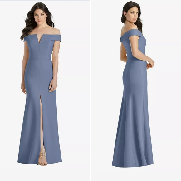 Dessy Collection Dresses & Skirts - DESSY COLLECTION Larkspur Blue Off The Shoulder Notch Front Slit Trumpet Gown 6R